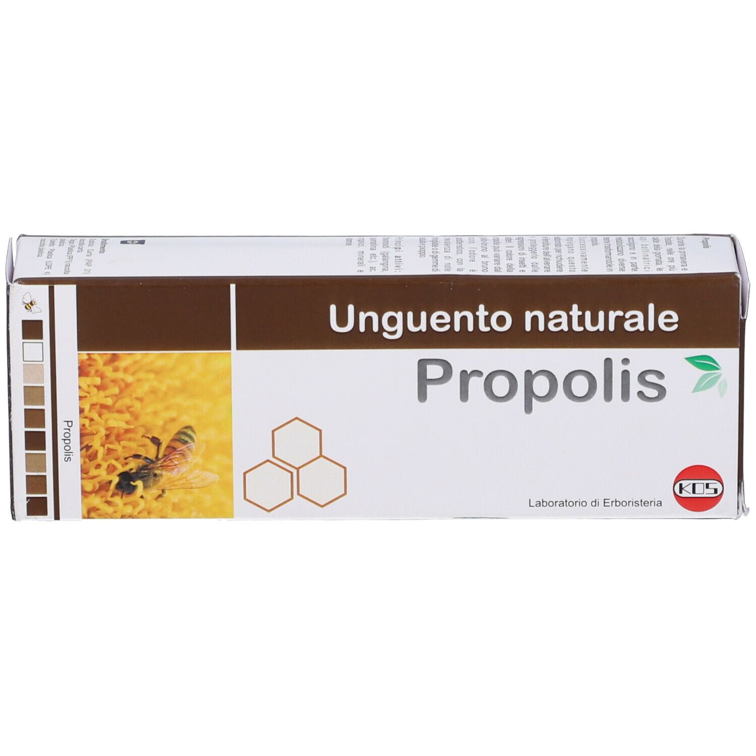 Confezione KOS Propolis Unguento Naturale. Scatola marrone e bianca con nome e logo. Favo.