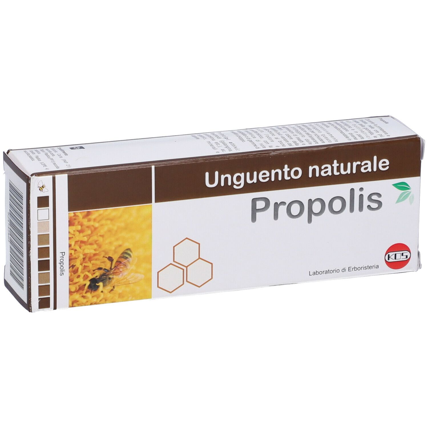 Confezione KOS Propolis Unguento Naturale. Scatola marrone e bianca con nome e logo. Favo.