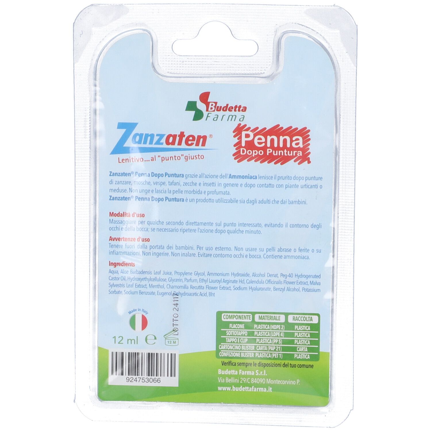 Retro confezione Zanzaten Penna Dopo Puntura. Testo in italiano. Contenuto 12 ml.