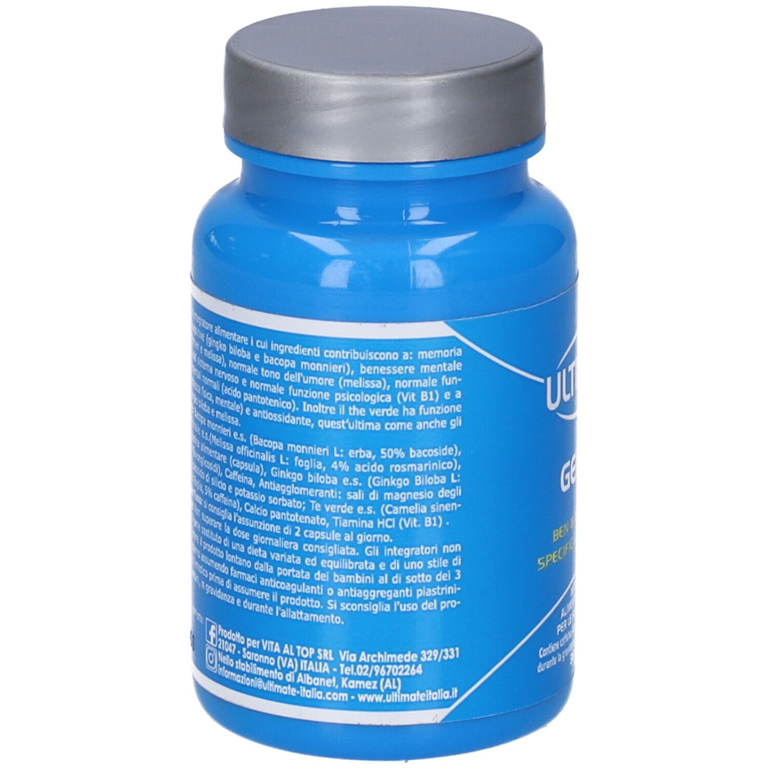 Retro del flacone blu di capsule. Informazioni testuali sugli ingredienti e il produttore. Coperchio grigio.