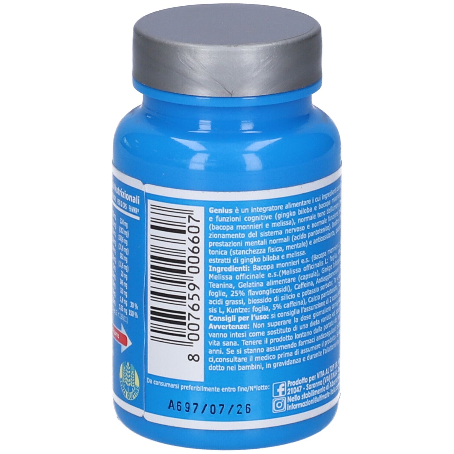 Retro del flacone blu di capsule. Informazioni testuali sugli ingredienti e il produttore. Coperchio grigio.