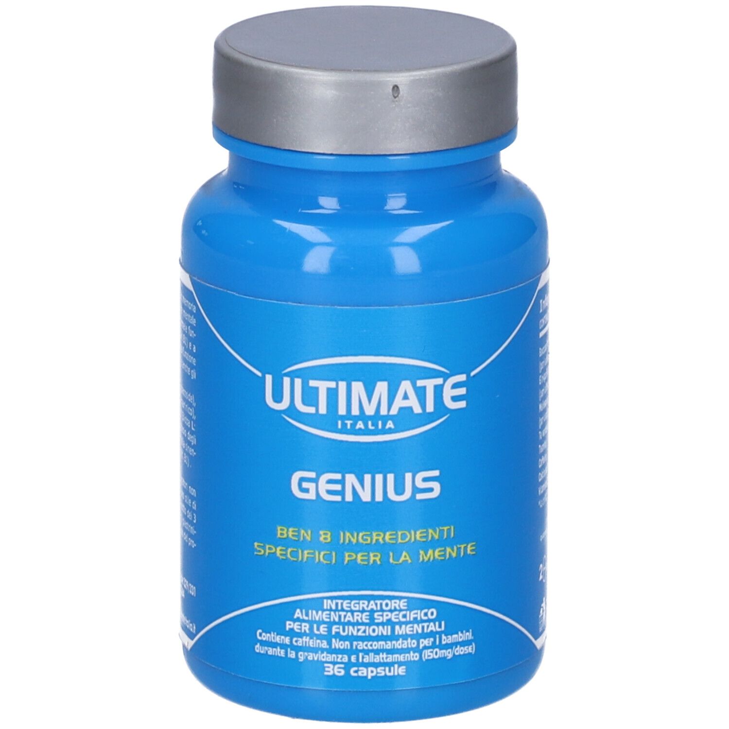 Flacone blu di capsule. Scritta: ULTIMATE, GENIUS, 36 capsule. Contiene 8 ingredienti specifici per la mente.