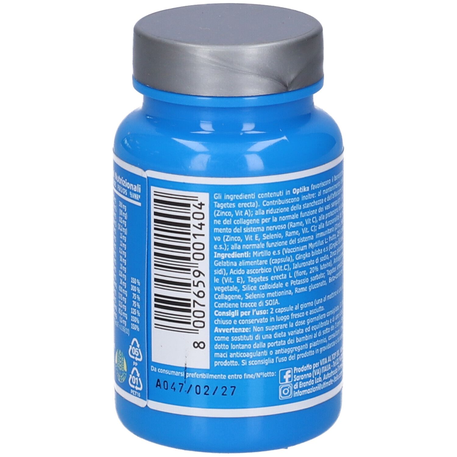 Retro del flacone blu. Codice a barre e informazioni testuali in italiano. Contiene ingredienti e informazioni sul produttore.