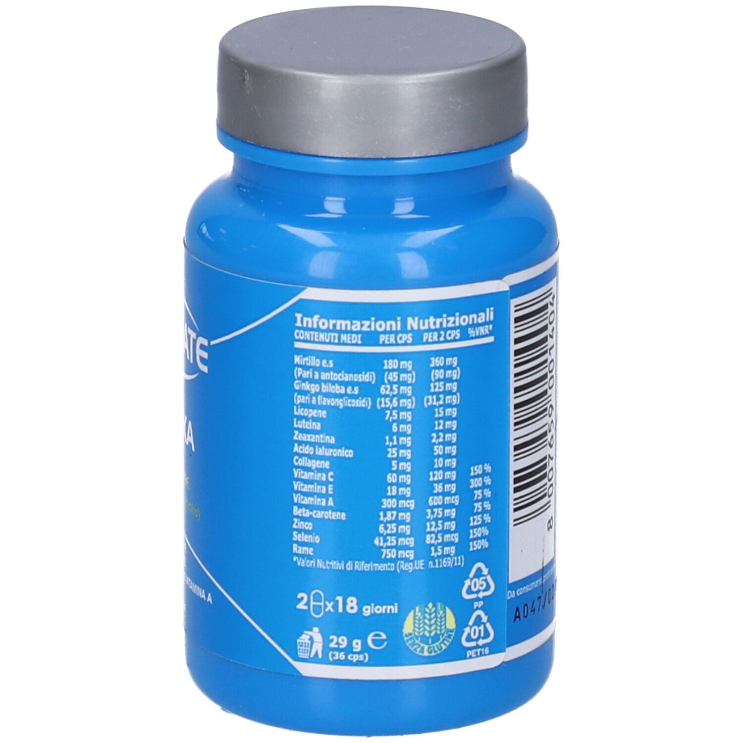 Flacone blu con tappo argentato. Scritta: ULTIMATE ITALIA, OPTIKA, BENEESERE DELLA VISTA (Mirtillo), 36 capsule.