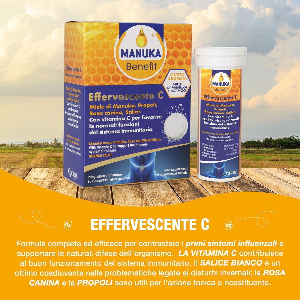 Manuka Benefit Effervescente C confezione e tubo di compresse effervescenti all'aperto.