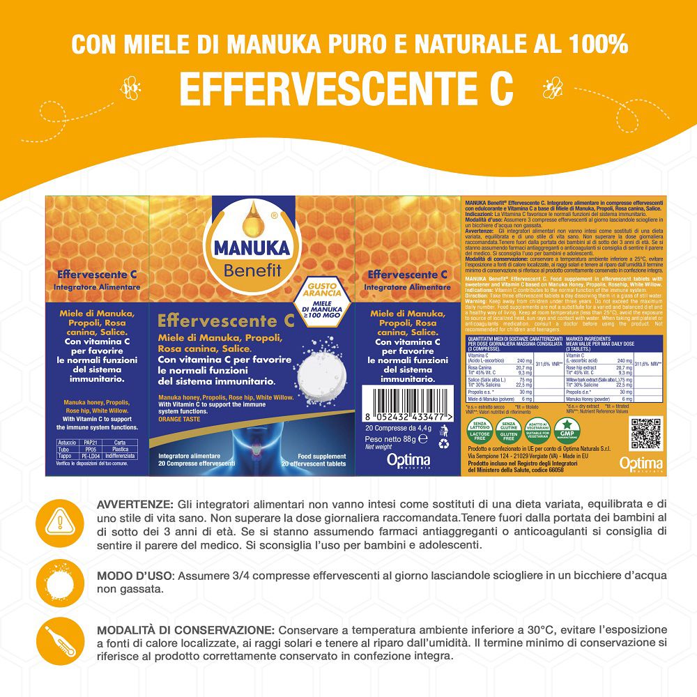 Retro della confezione Manuka Benefit Effervescente C con elenco ingredienti.
