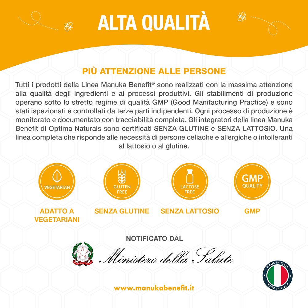 Certificazioni per i prodotti Manuka Benefit: Vegetariano, Senza Glutine, Senza Lattosio, GMP.
