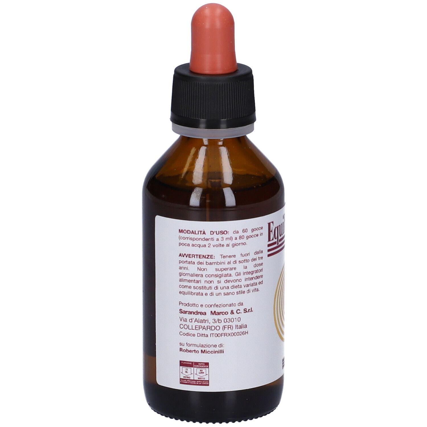 Flacone di vetro marrone con contagocce rosso. Etichetta con 'Equilibrio-Sint' e simbolo labirinto giallo.