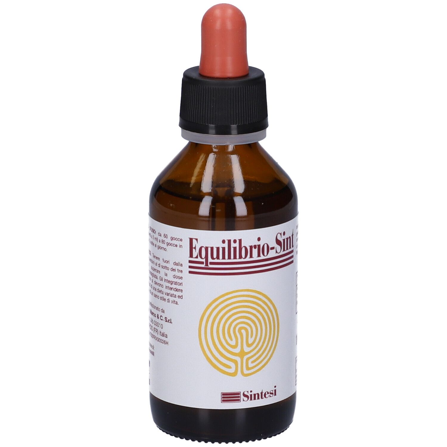Flacone di vetro marrone con contagocce rosso. Etichetta con 'Equilibrio-Sint' e simbolo labirinto giallo.