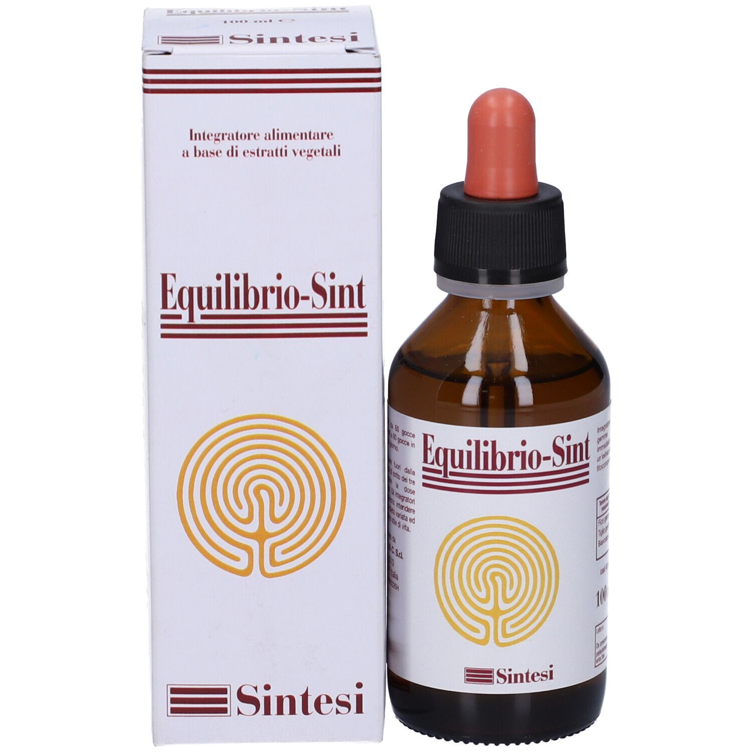 Flacone di vetro marrone con contagocce rosso e scatola bianca. 'Equilibrio-Sint' sul flacone e sulla scatola.