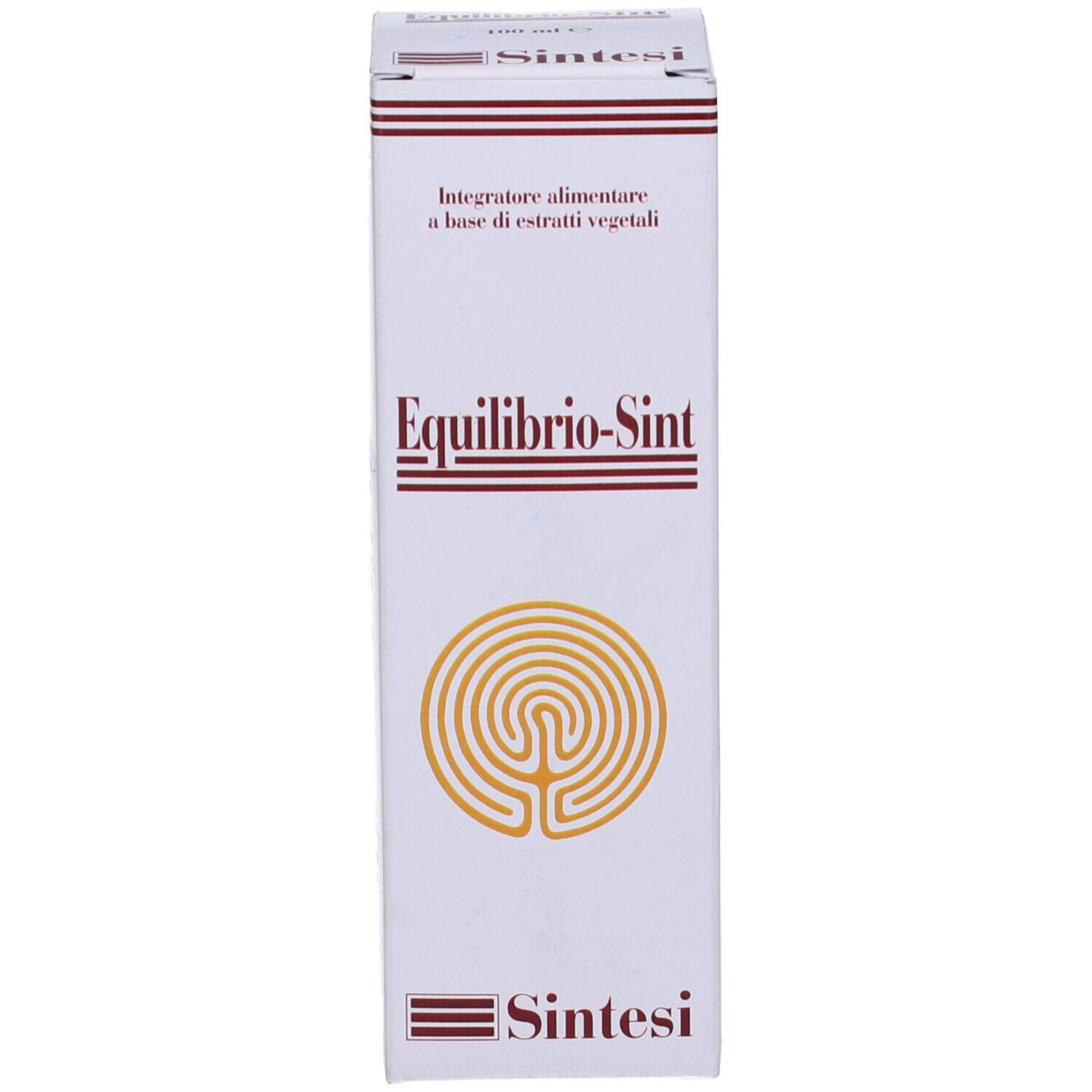 Scatola bianca con scritta 'Equilibrio-Sint' e simbolo labirinto giallo.