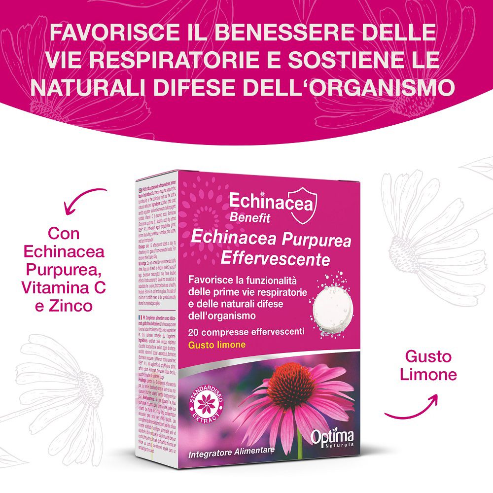 Confezione di compresse effervescenti Echinacea Benefit con informazioni dettagliate.