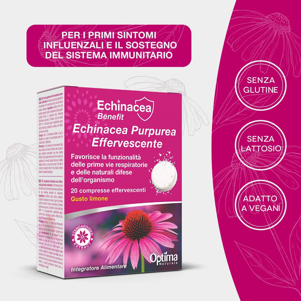 Confezione di compresse effervescenti Echinacea Benefit con indicazioni senza glutine, lattosio e vegan.