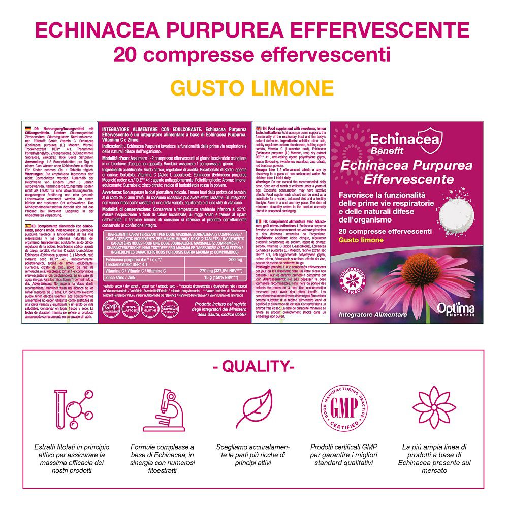 Retro della confezione di compresse effervescenti Echinacea Benefit con caratteristiche di qualità.
