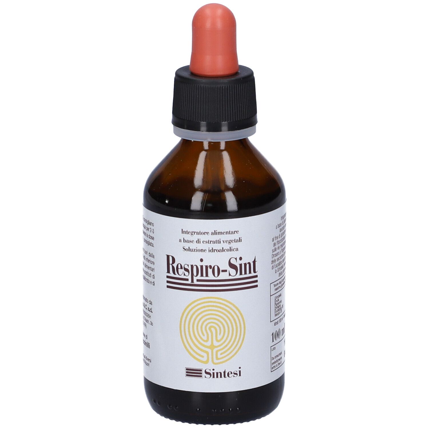 Flacone di vetro marrone con contagocce. L'etichetta riporta "Respiro-Sint" e un simbolo a labirinto. 100 ml.