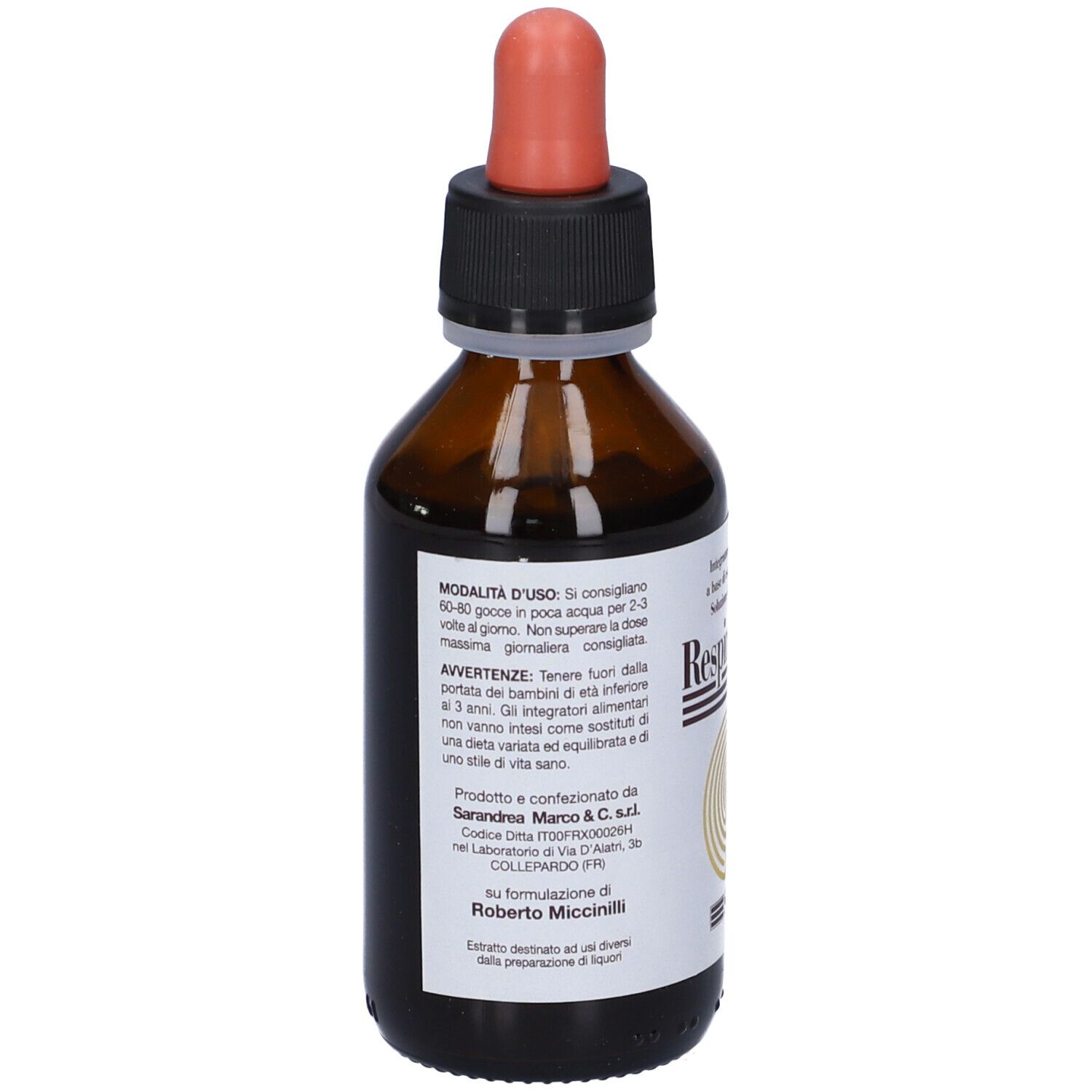 Flacone di vetro marrone con contagocce. L'etichetta riporta "Respiro-Sint" e testo. 100 ml.