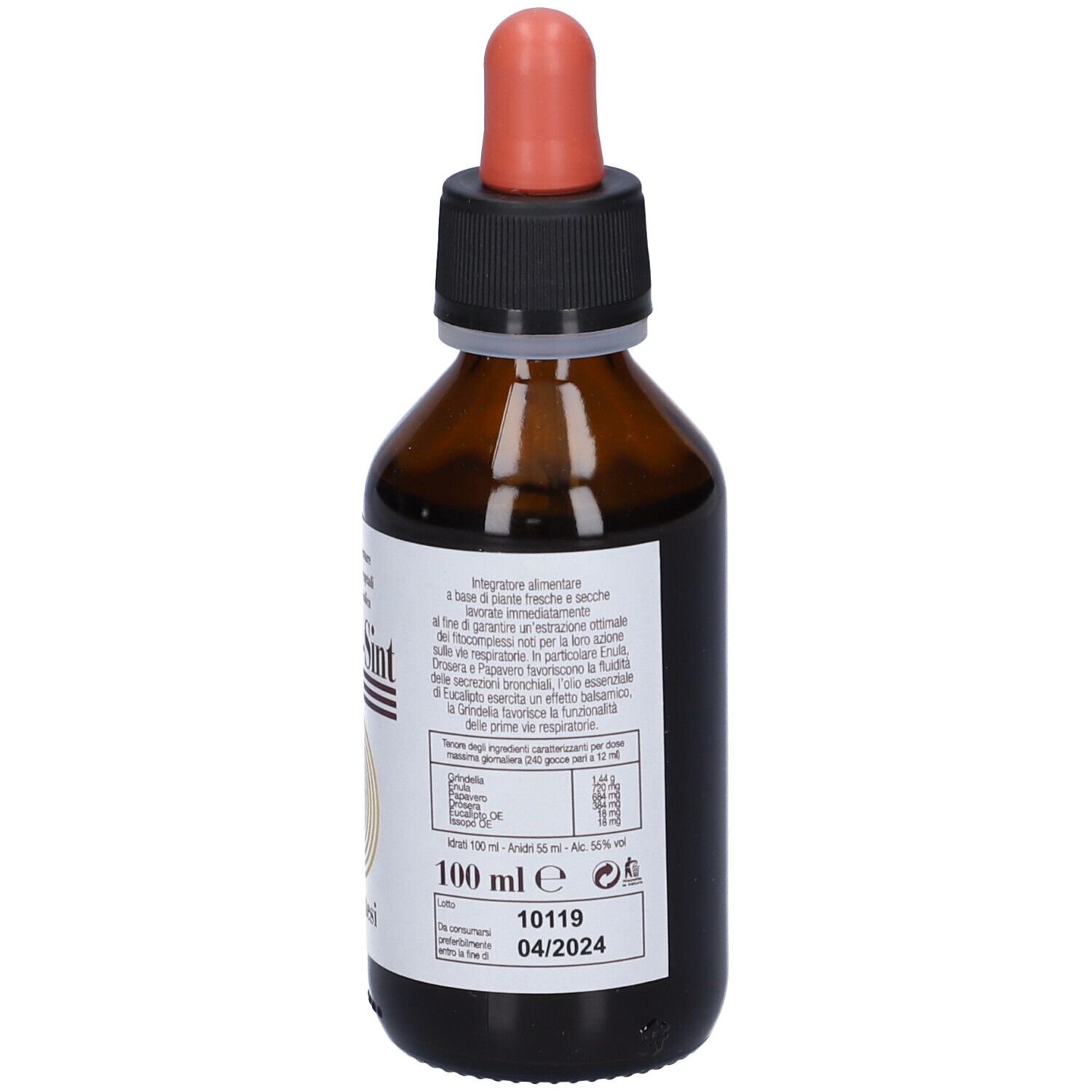 Flacone di vetro marrone con contagocce. L'etichetta riporta "Respiro-Sint" e testo. 100 ml.