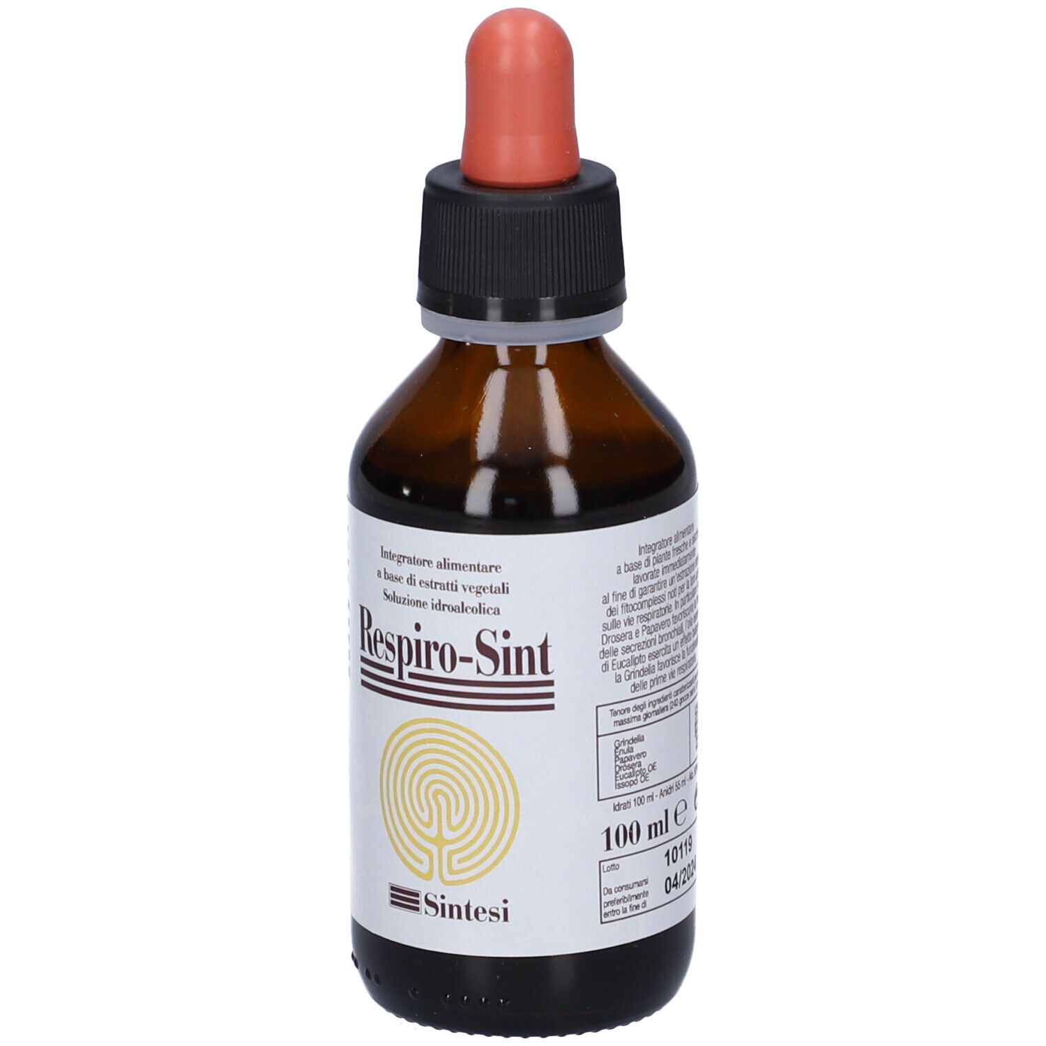 Flacone di vetro marrone con contagocce. L'etichetta riporta "Respiro-Sint" e testo. 100 ml.