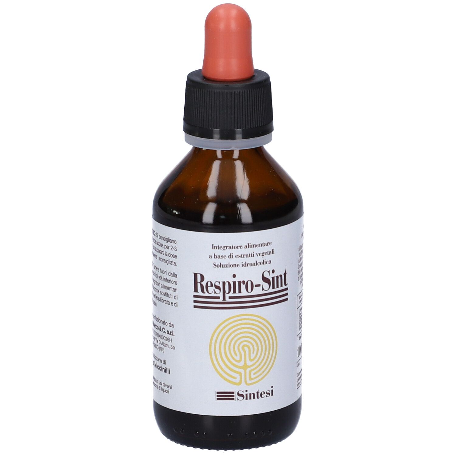 Flacone di vetro marrone con contagocce. L'etichetta riporta "Respiro-Sint" e testo. 100 ml.