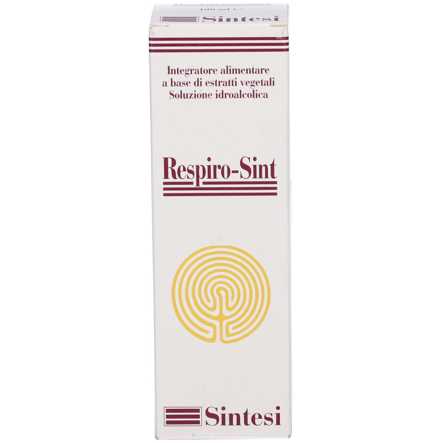 Scatola bianca con testo e un simbolo a labirinto. Sulla scatola c'è scritto "Respiro-Sint".