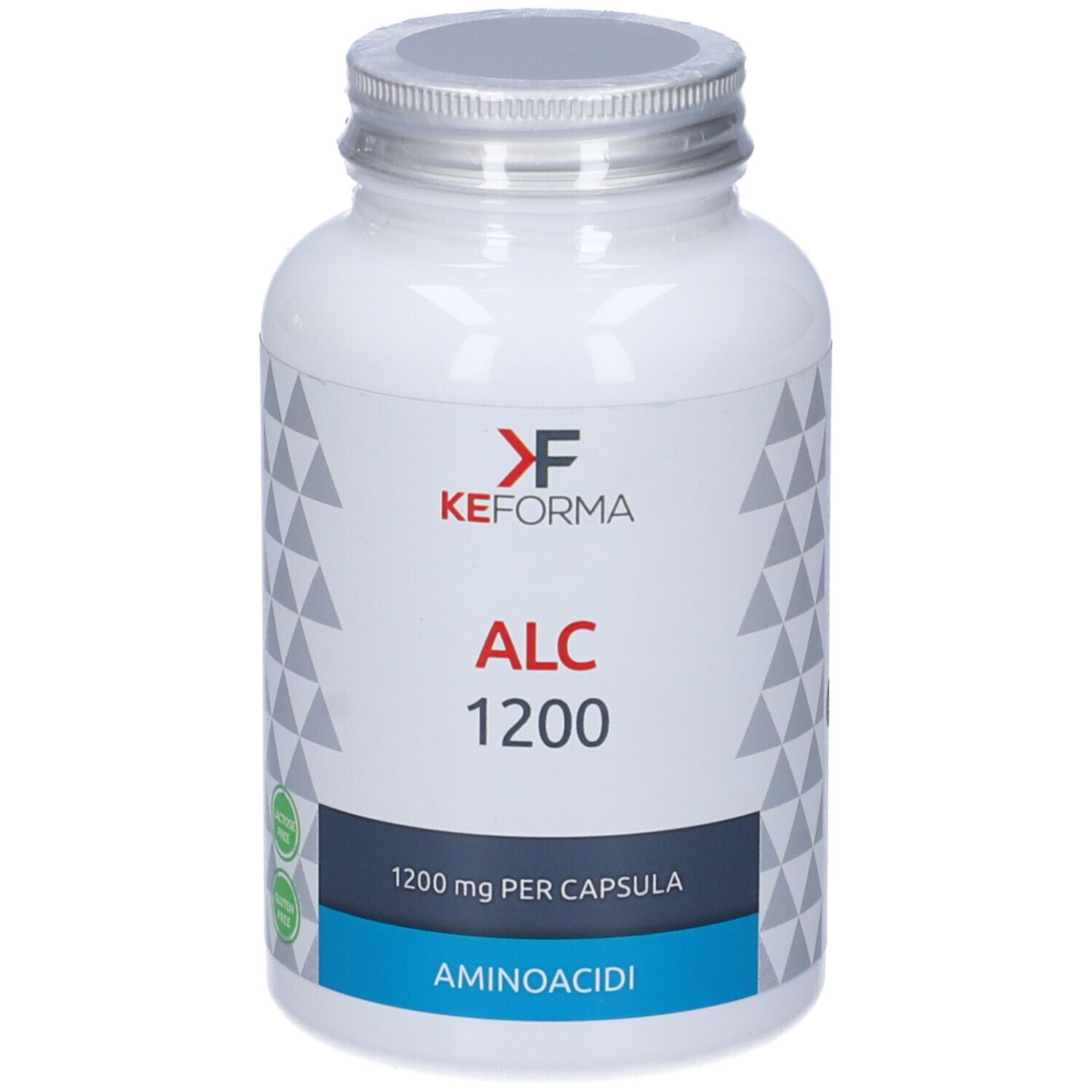 Flacone bianco con tappo argentato. Scritte: KEFORMA, ALC 1200, 1200 mg per capsula, Aminoacidi. Loghi verde e bianco.