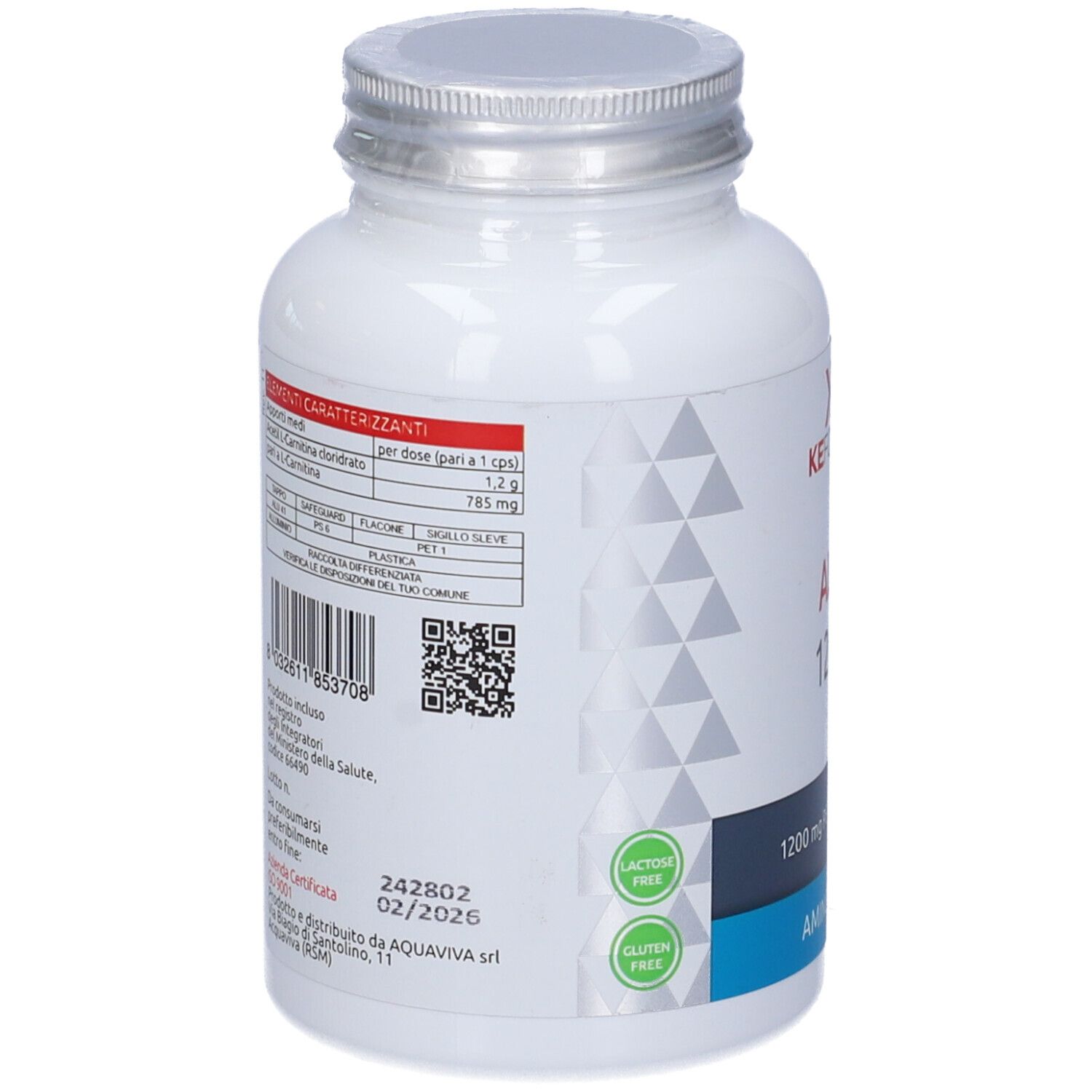 Retro di un flacone bianco con tappo argentato. Testo e codice QR. Loghi: Senza lattosio, Senza glutine.