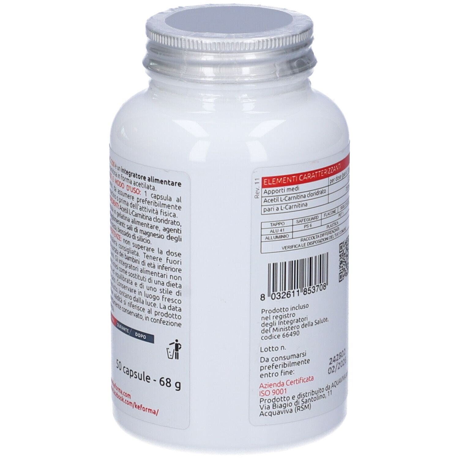 Retro di un flacone bianco con tappo argentato. Testo, ingredienti, dosaggio. 50 capsule - 68 g.