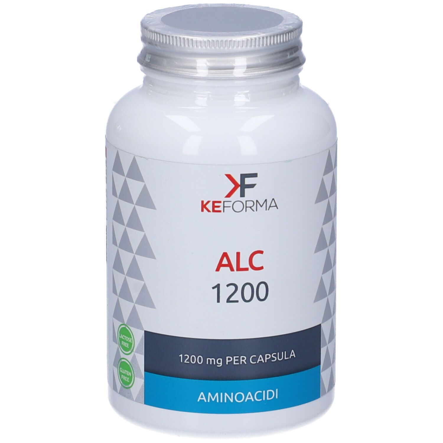 Flacone bianco con tappo argentato. Scritte: KEFORMA, ALC 1200, 1200 mg per capsula, Aminoacidi. Loghi verde e bianco.