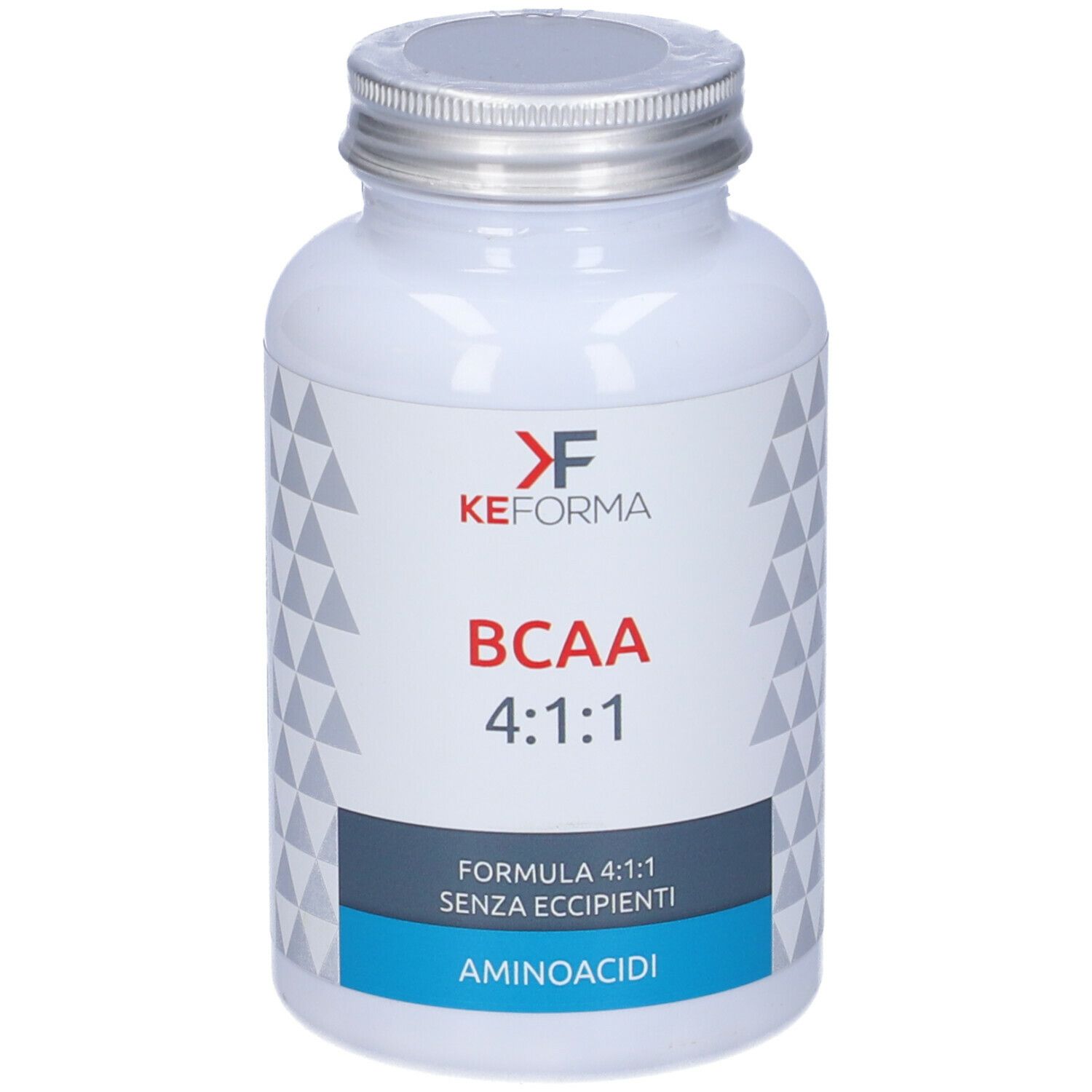 Flacone bianco, tappo argento. Scritta: KEFORMA, BCAA 4:1:1, Aminoacidi.