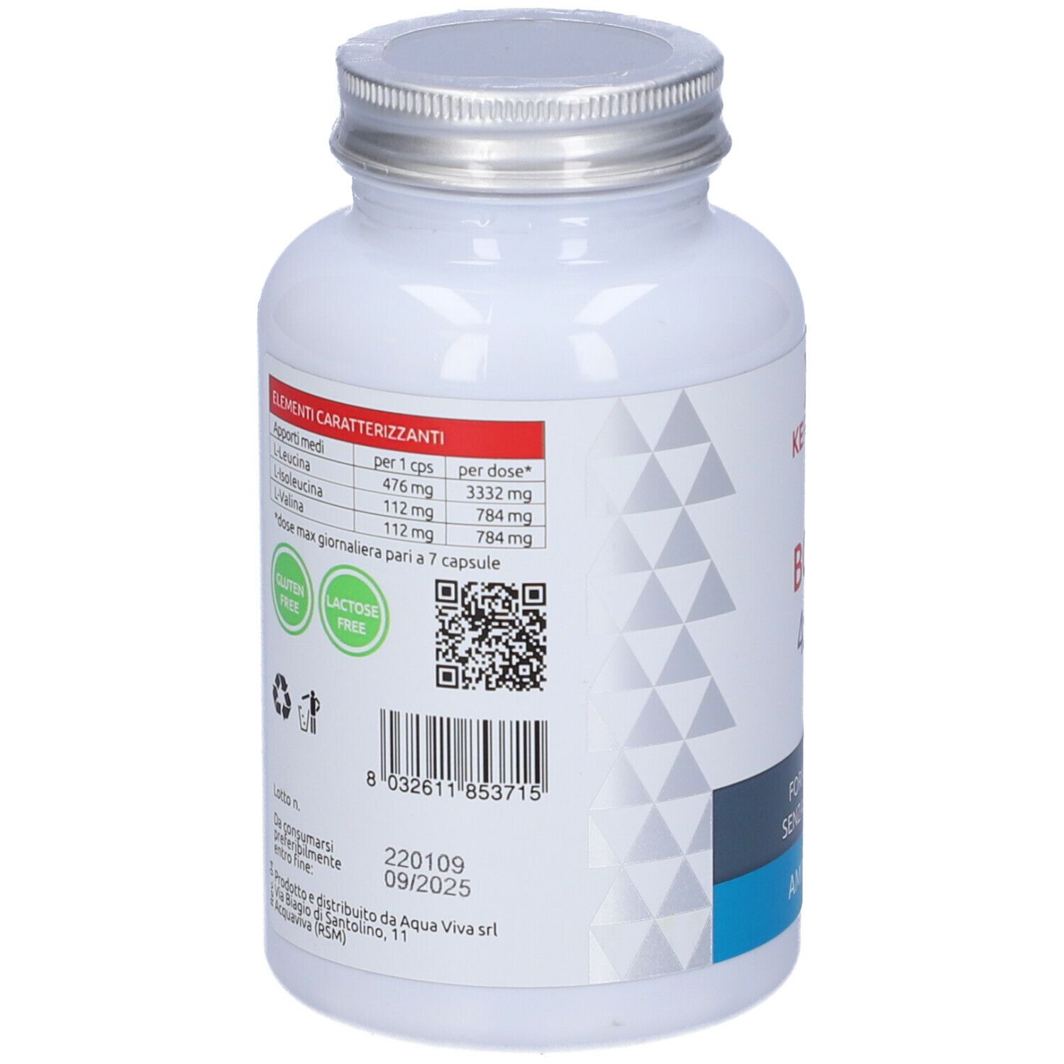 Retro del flacone bianco. Testo: ingredienti, senza glutine, senza lattosio, QR code, scadenza.