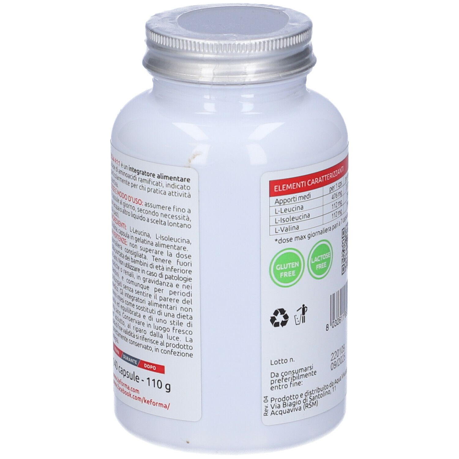 Retro del flacone bianco. Testo: ingredienti, senza glutine, senza lattosio, QR code, scadenza.