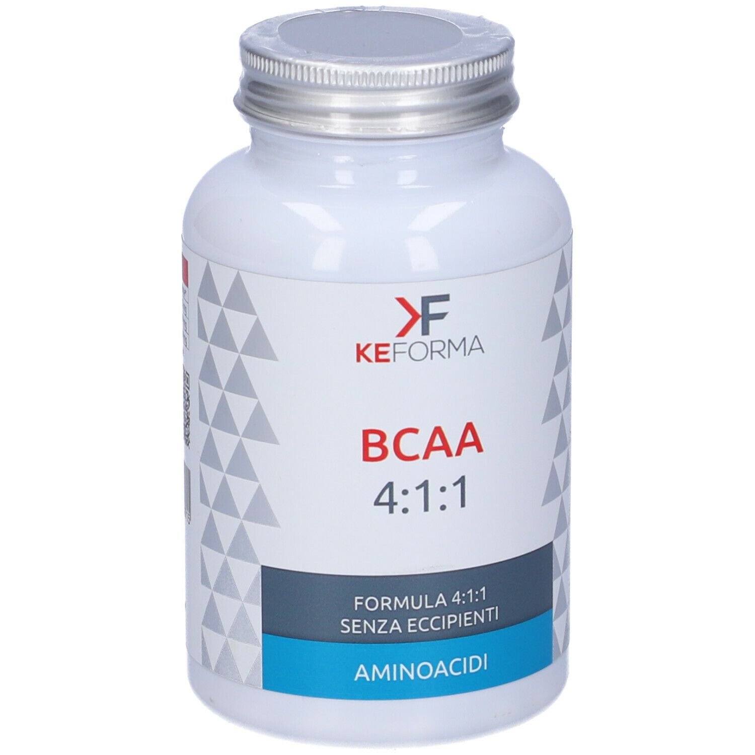Flacone bianco, tappo argento. Scritta: KEFORMA, BCAA 4:1:1, Aminoacidi.