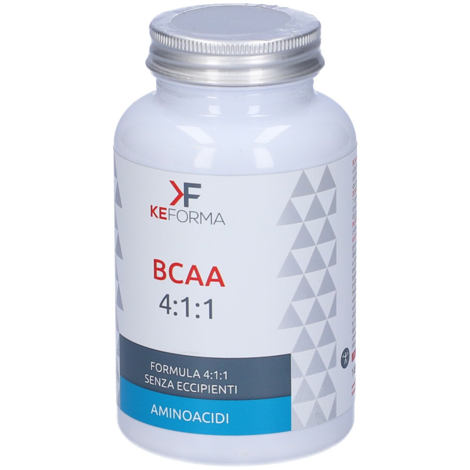 Flacone bianco, tappo argento. Scritta: KEFORMA, BCAA 4:1:1, Aminoacidi.