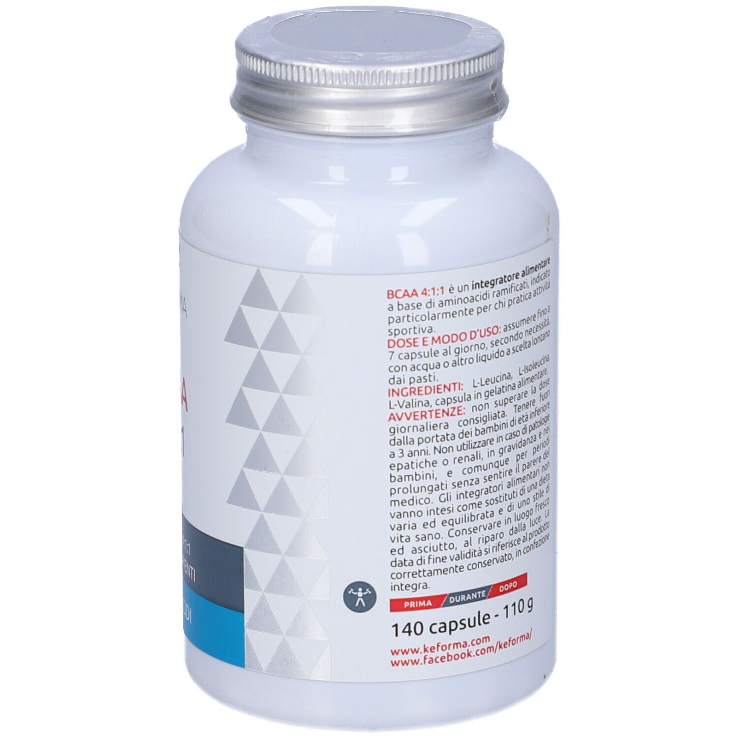 Retro del flacone bianco. Testo: ingredienti, istruzioni per l'uso, scadenza, 140 capsule.