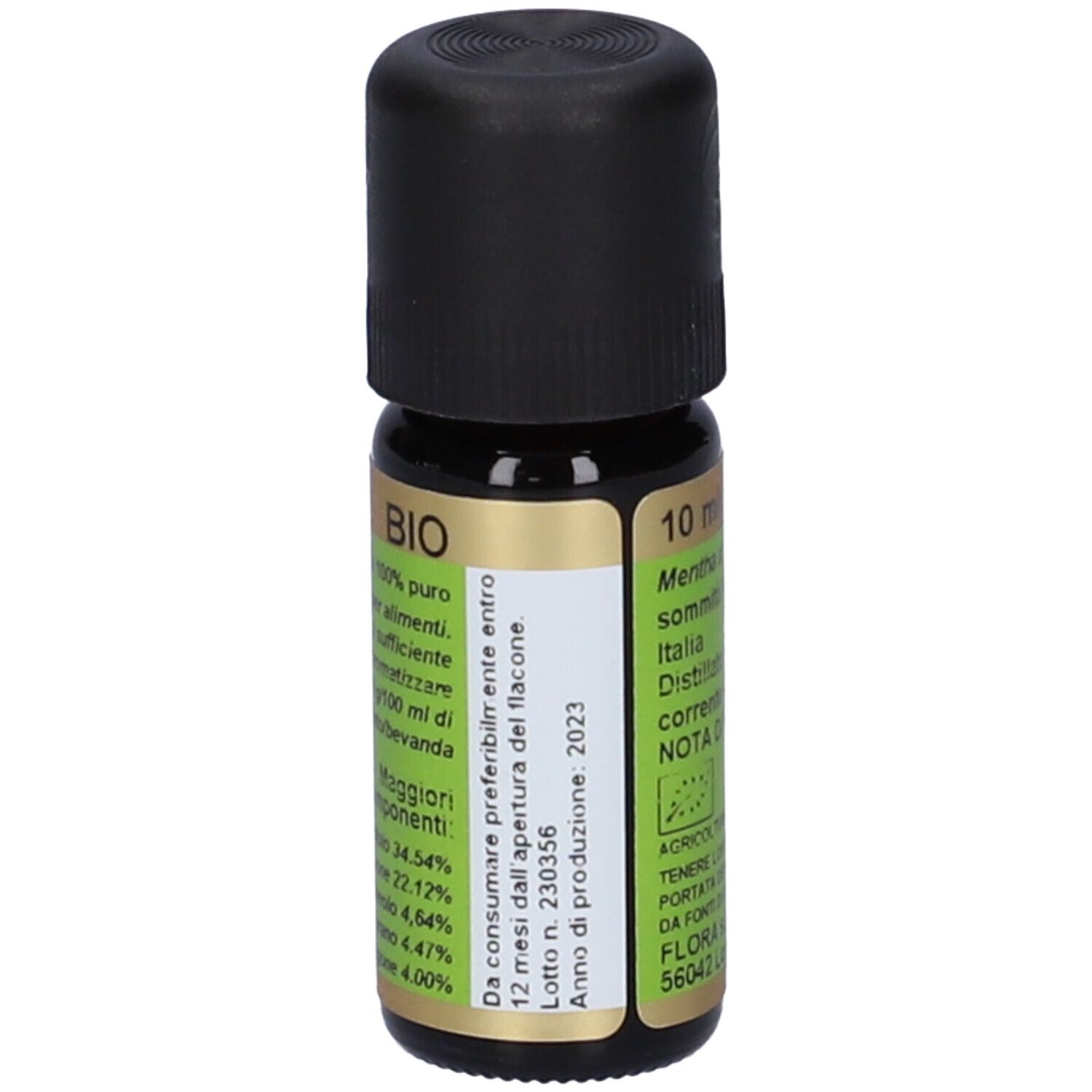 Flacone di vetro marrone con tappo nero. Etichetta verde con testo. Scritto: 10 ml, BIO, ingredienti, scadenza.