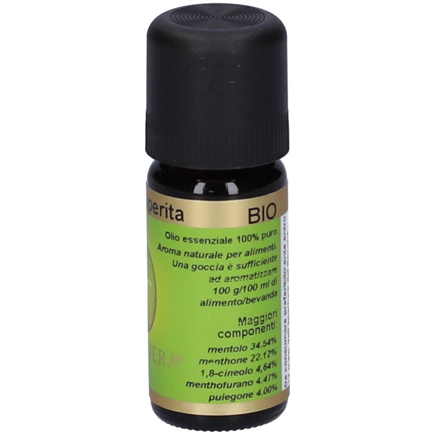 Flacone di vetro marrone con tappo nero. Etichetta verde con testo e ingredienti. Scritto: BIO, Mentha piperita, aroma.