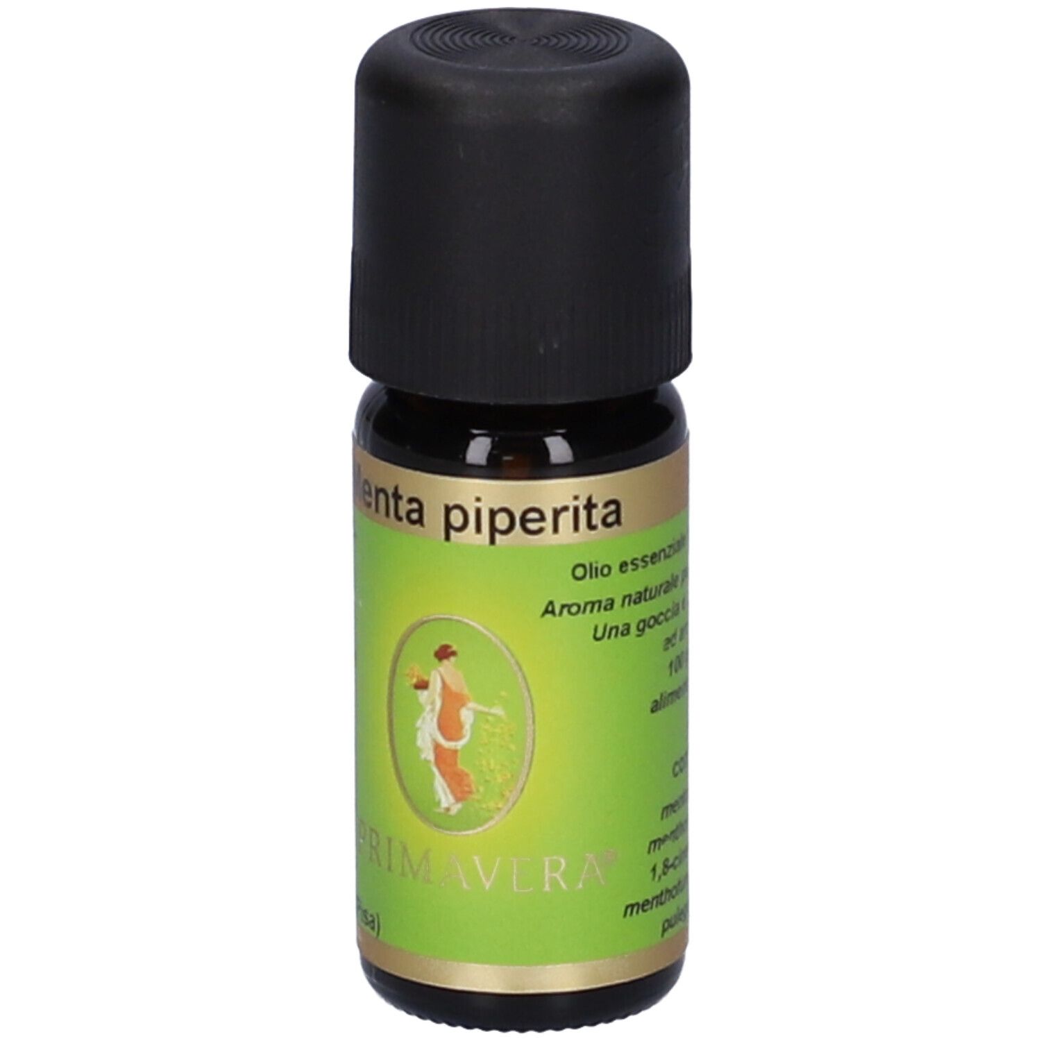 Flacone di vetro marrone con tappo nero. Etichetta verde con testo e logo. Scritto: Menta piperita, Primavera, olio.
