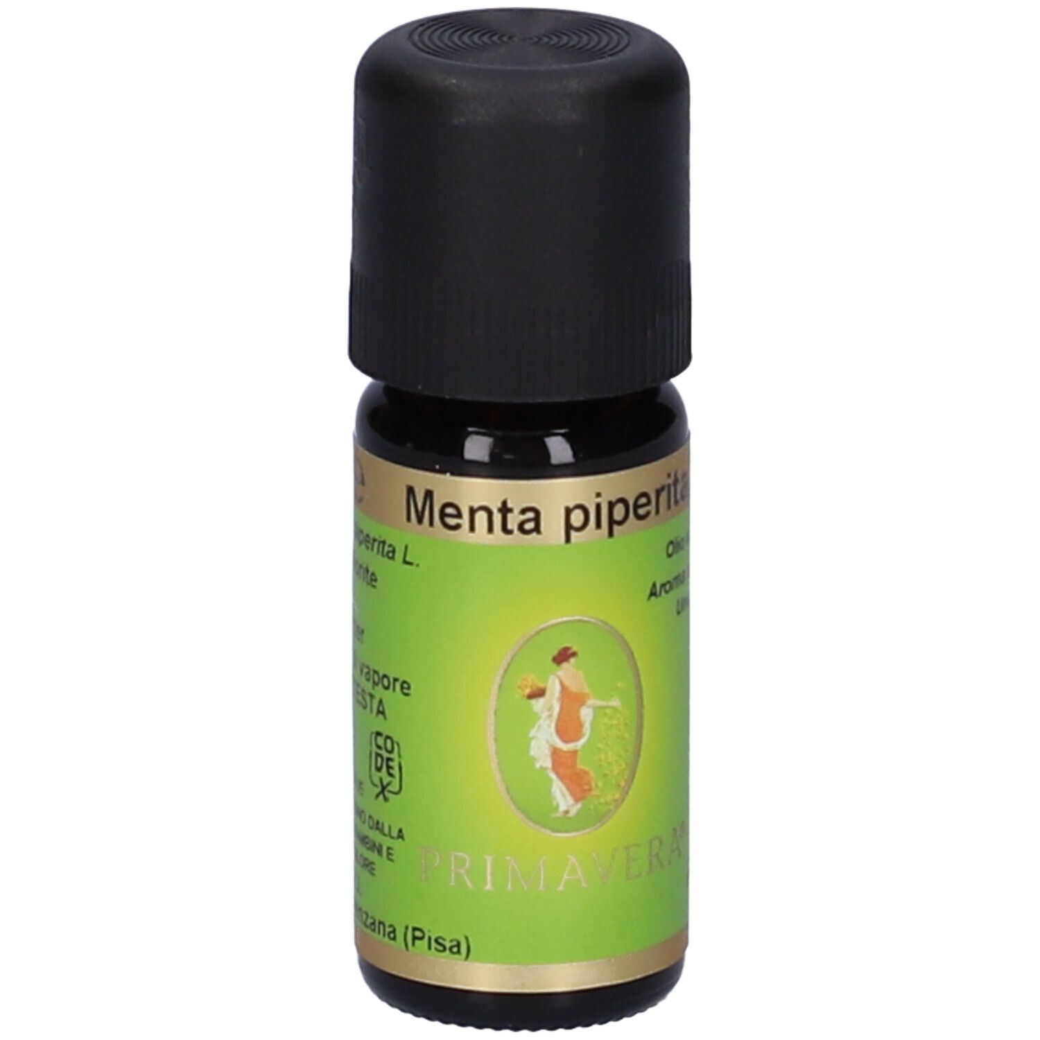 Flacone di vetro marrone con tappo nero. Etichetta verde con testo e logo. Scritto: Menta piperita, Primavera, olio.