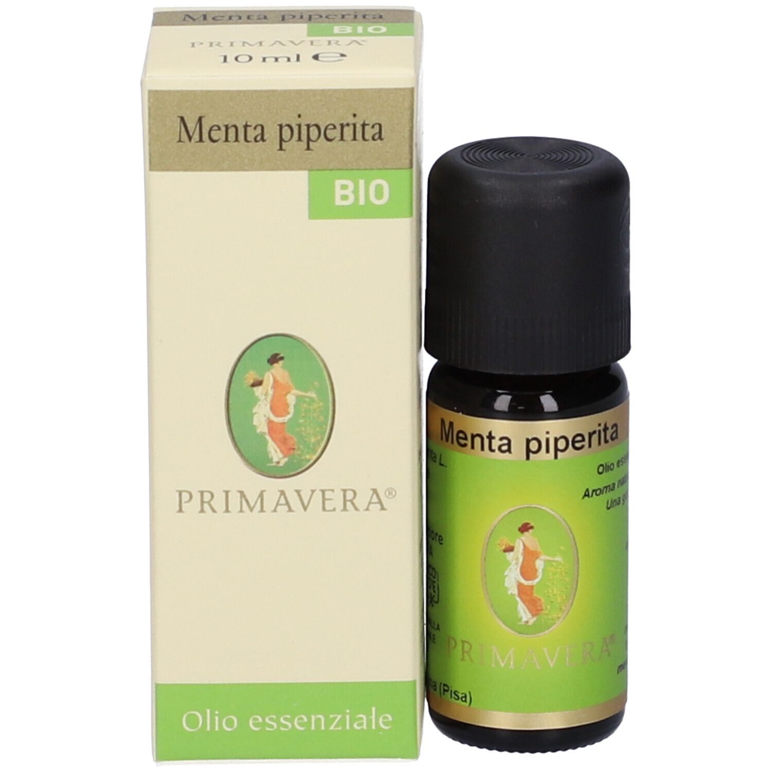 Flacone di vetro marrone e scatola. Flacone con tappo nero. Scatola con testo e logo. Scritto: Menta piperita, Primavera.