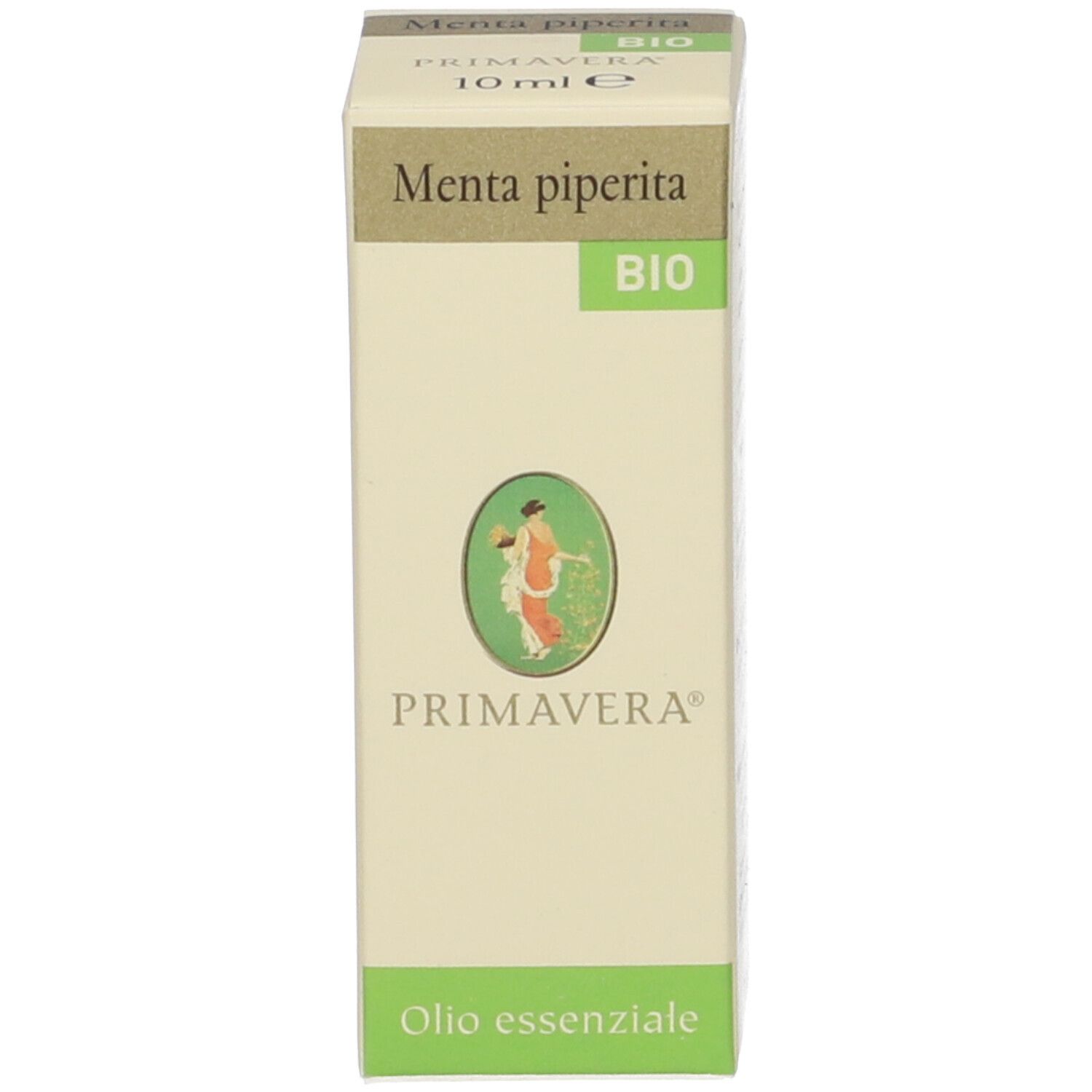 Scatola con testo e logo. Scritto: Menta piperita, BIO, Primavera, olio. Design verde e bianco.