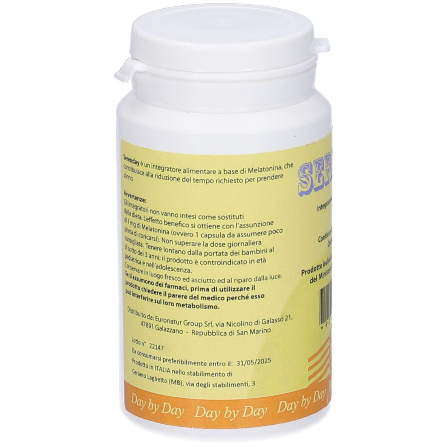 Retro del flacone di capsule bianco. Etichetta gialla con testo. Informazioni del produttore e data di scadenza.