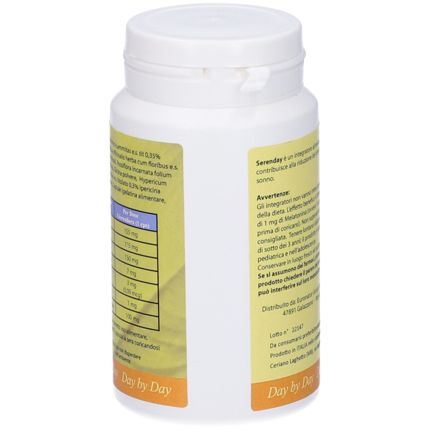 Retro del flacone di capsule bianco. Etichetta gialla con testo. Elenco ingredienti e dosaggio.