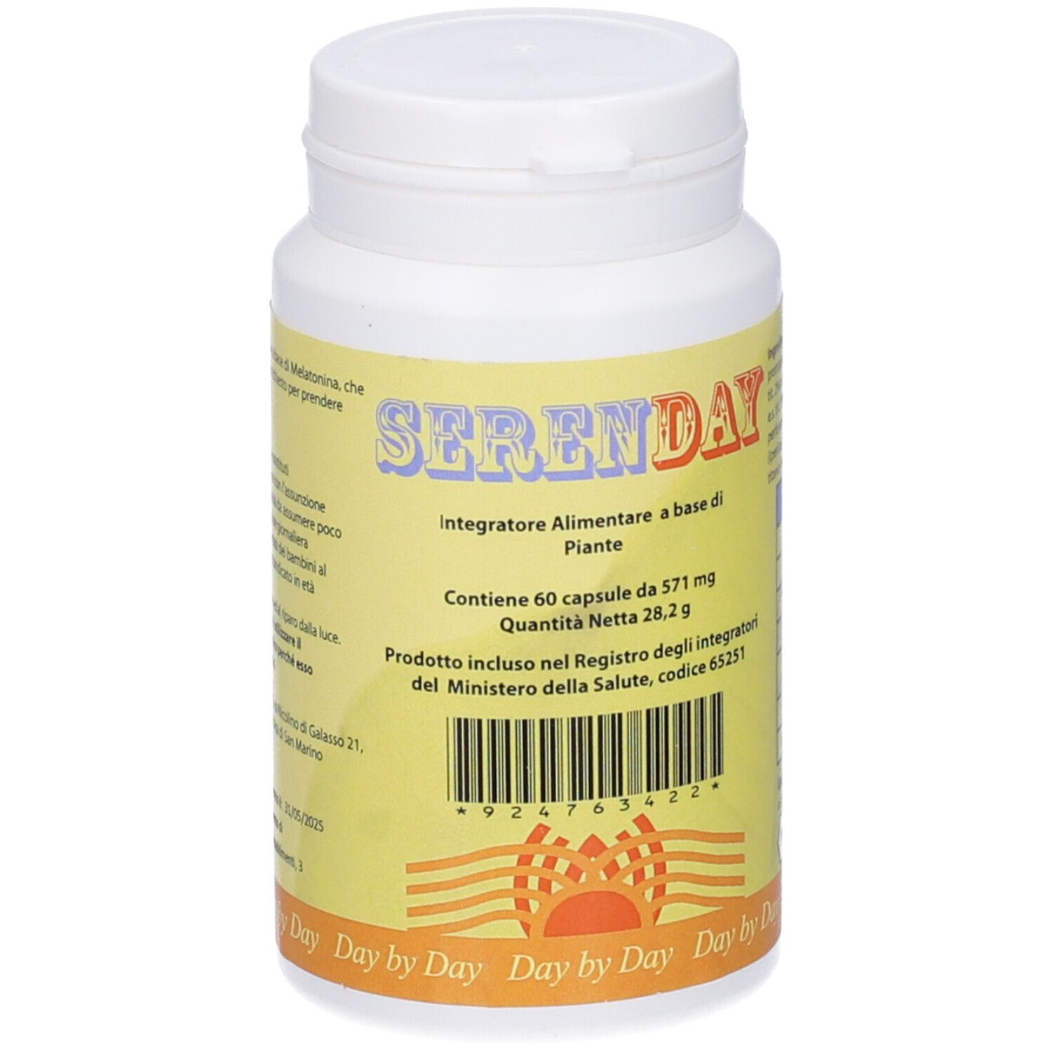 Flacone bianco di capsule con etichetta gialla. Scritta SERENDAY, 60 capsule. Codice a barre e informazioni del produttore.