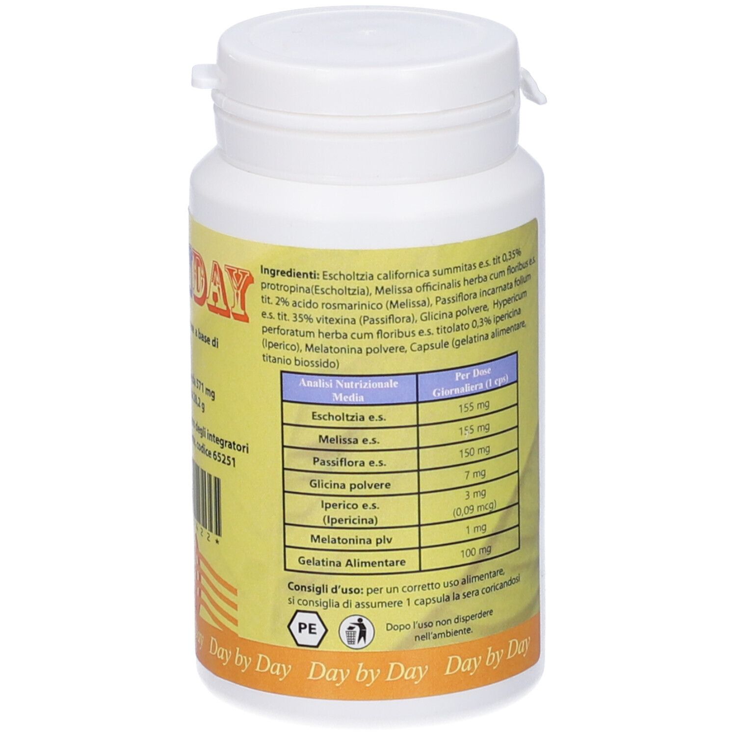 Retro del flacone di capsule bianco. Etichetta gialla con ingredienti e dosaggio per capsula.