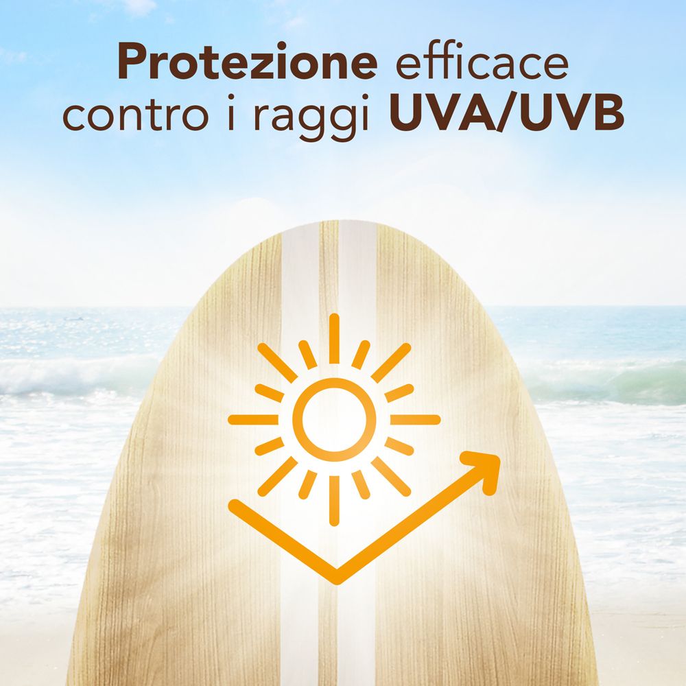 Tavola di legno con simbolo sole. Testo: Protezione UVA/UVB.