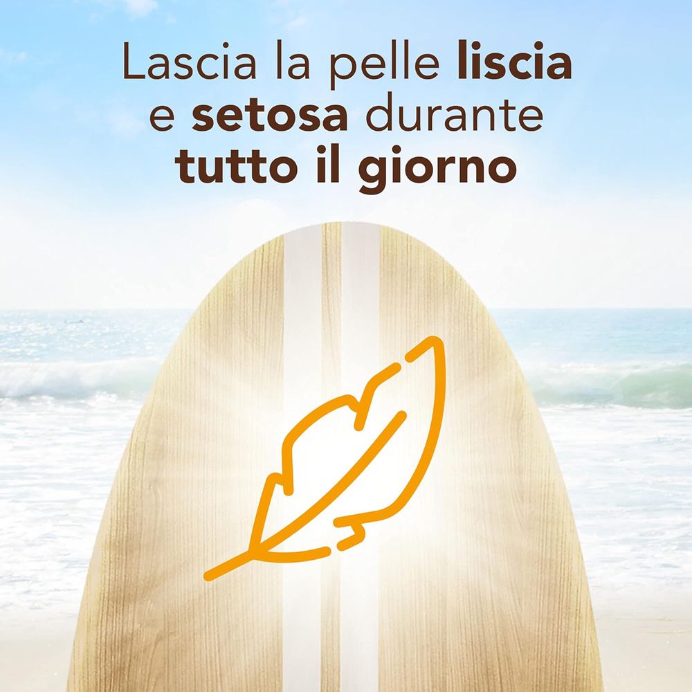 Tavola di legno con simbolo piuma. Testo: Pelle liscia e setosa.