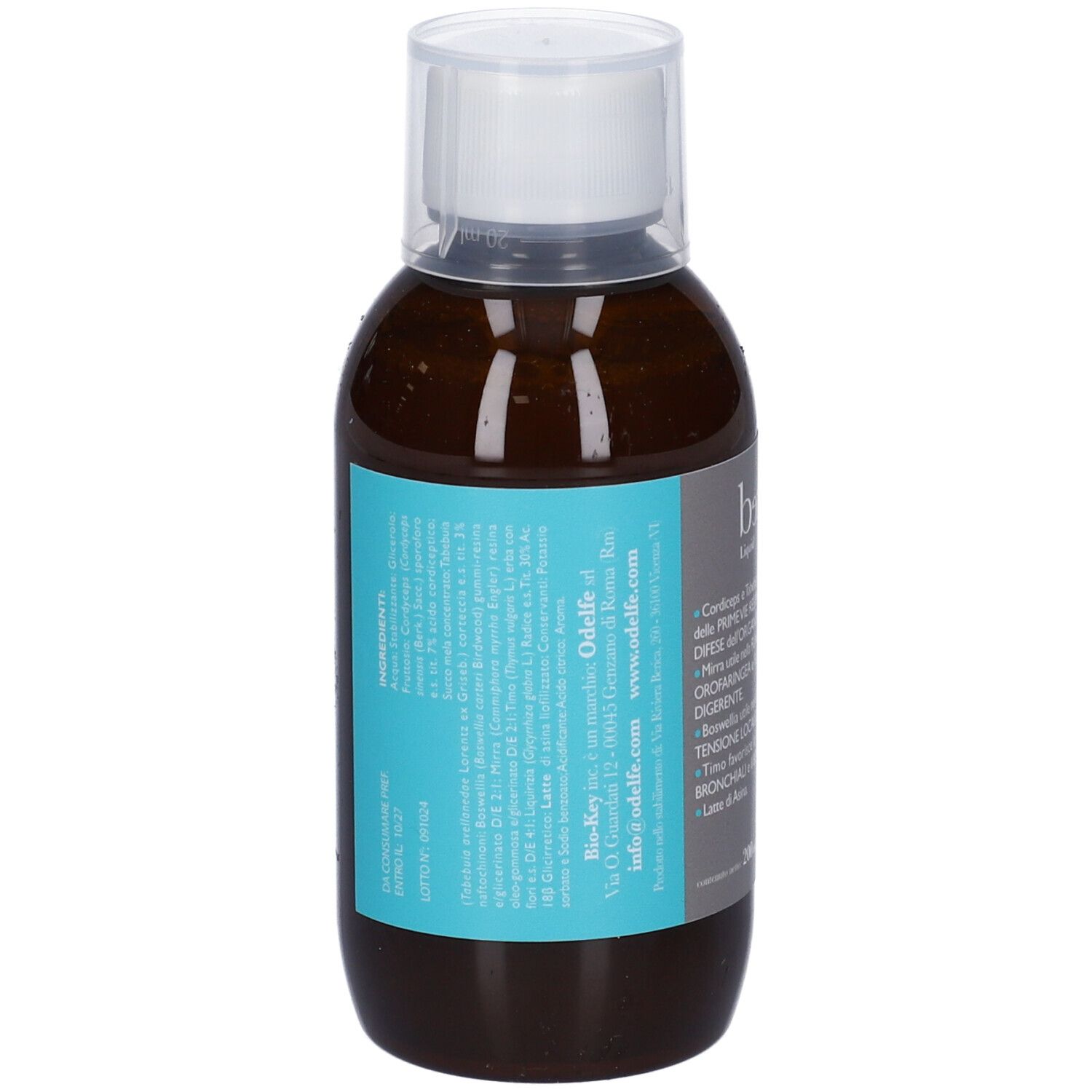 Liquido marrone in bottiglia con tappo bianco. Etichetta blu con testo. Scritta: OdeLife.com.