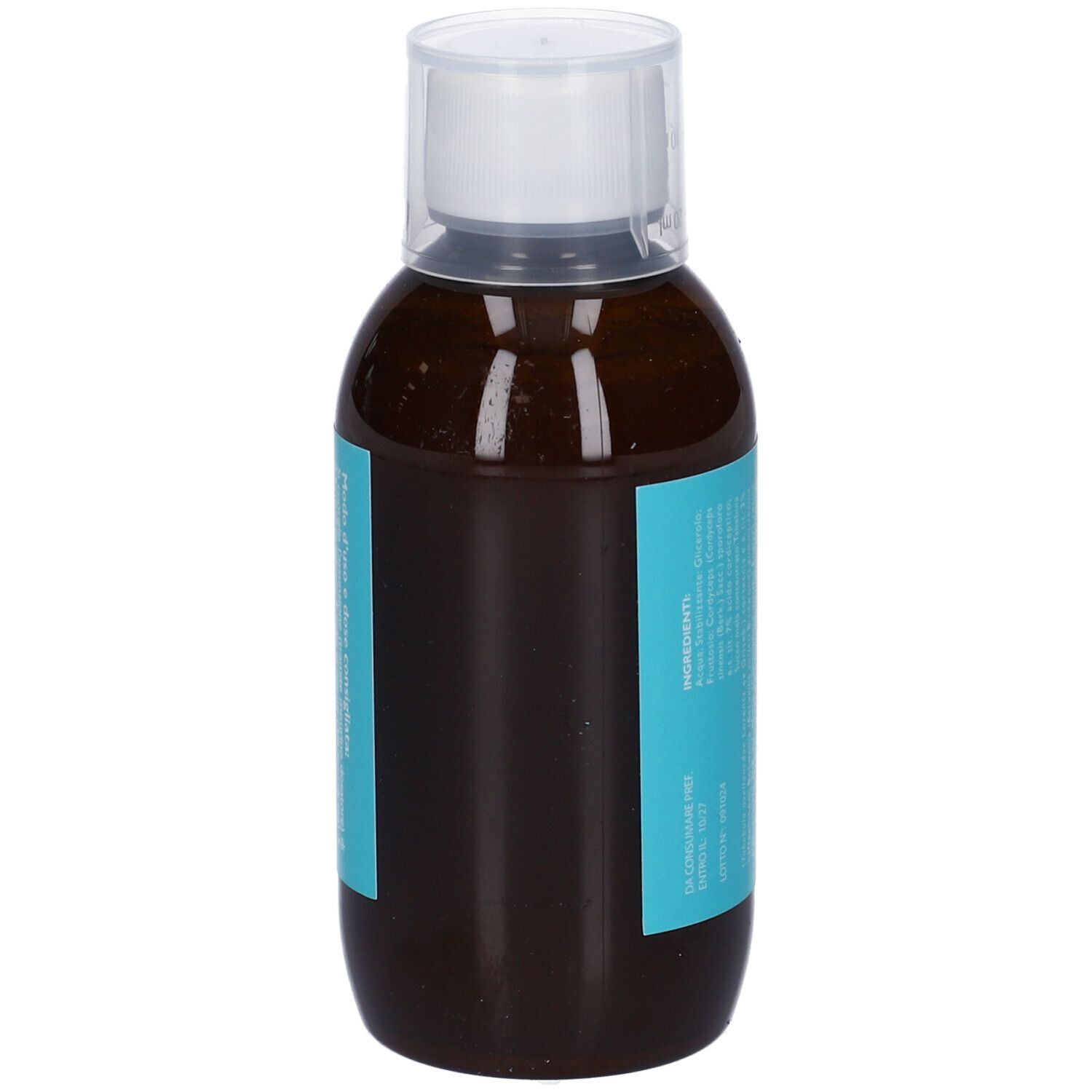 Liquido marrone in bottiglia con tappo bianco. Etichetta blu con testo.