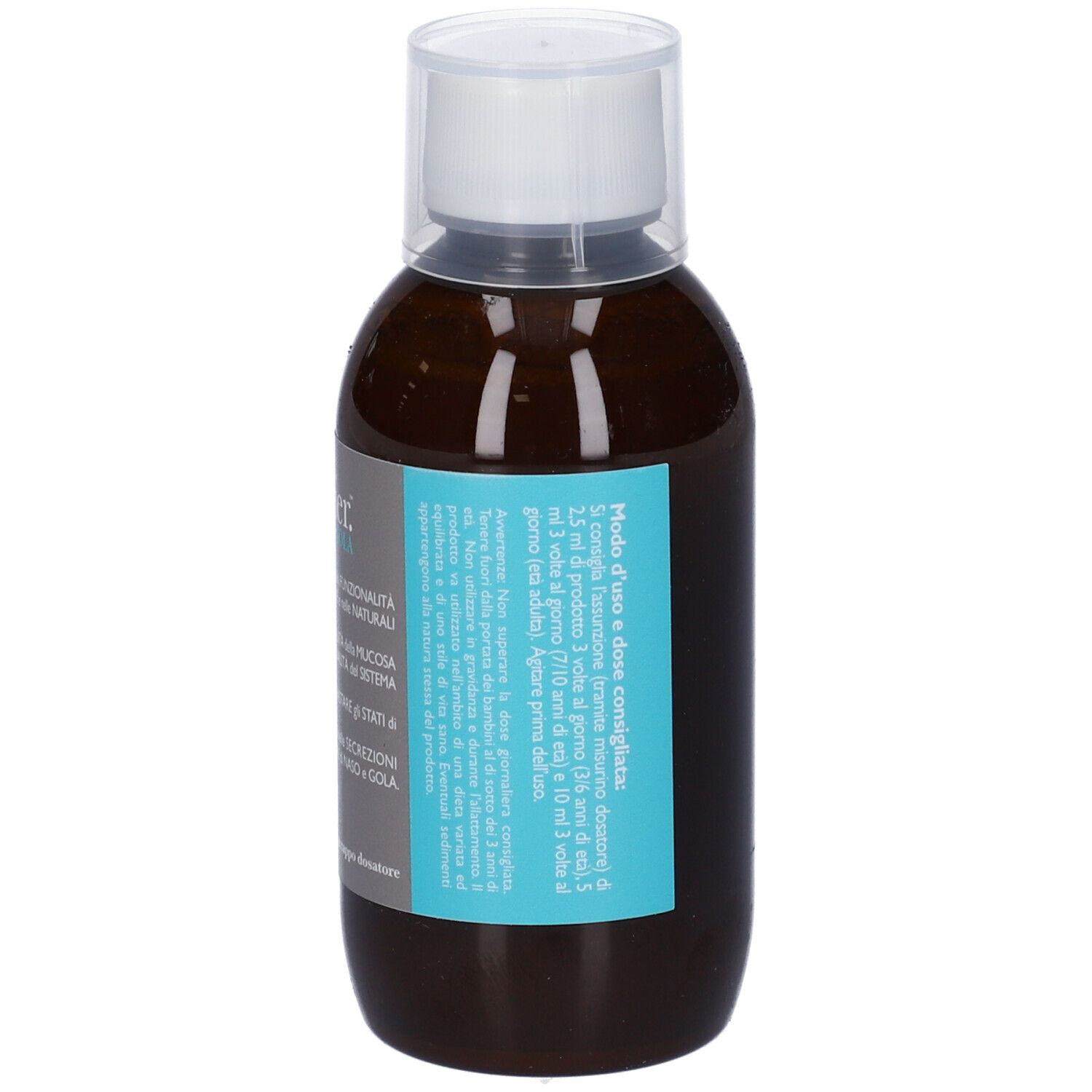 Liquido marrone in bottiglia con tappo bianco. Etichetta blu con testo. Scritta: Medio d'uso e dose consigliata.