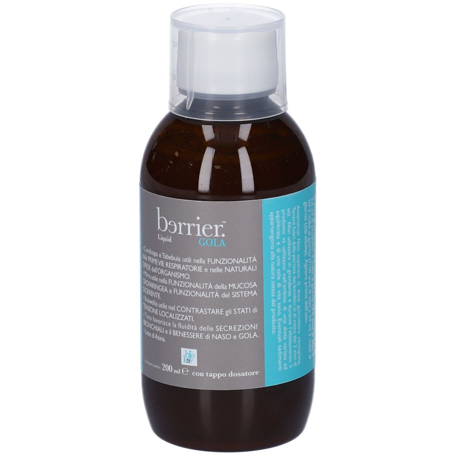 Liquido marrone in bottiglia con tappo bianco. Scritta: bərrier. GOLA Liquid. Etichette blu con testo.